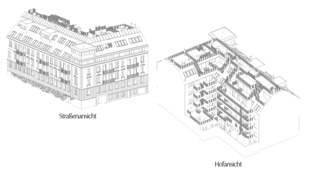 Zwei isometrische Zeichnungen eines mehrstöckigen Wohngebäudes, einmal von der Straßenseite und einmal mit Blick in den Innenhof.