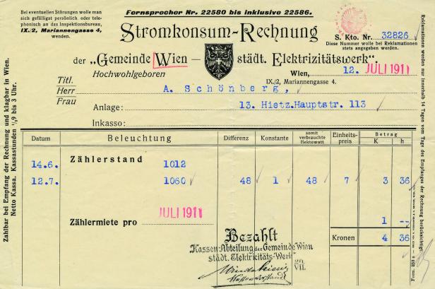 Stromrechnung aus dem Jahr 1911