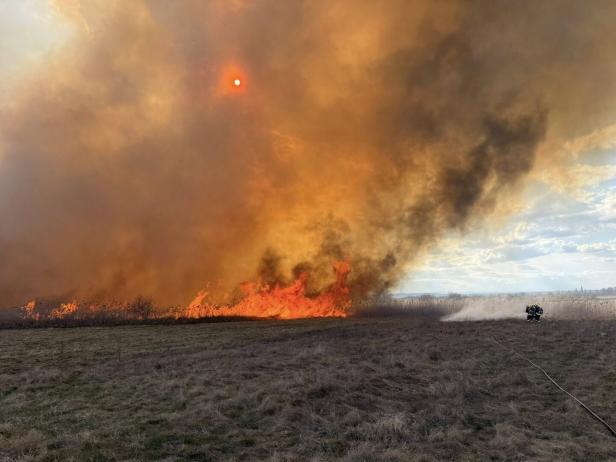 Großes Feuer mit dichter Rauchwolke auf einem Feld, ein Feuerwehrmann bekämpft die Flammen am rechten Bildrand.