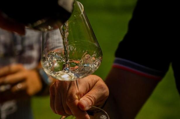 Weißwein wird im Freien in ein Glas eingeschenkt.