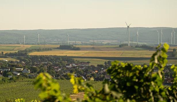 Blick über Weinberge auf ein Dorf mit Windrädern und Feldern im Hintergrund.