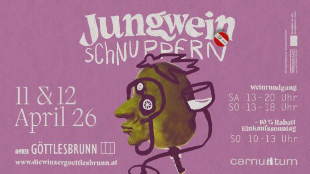 Plakat für das Jungweinschnuppern 2026 in Göttlesbrunn mit gezeichnetem Profilkopf.