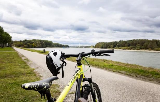 Fahrrad mit Helm an einem Flussradweg, im Hintergrund Bäume und bewölkter Himmel.