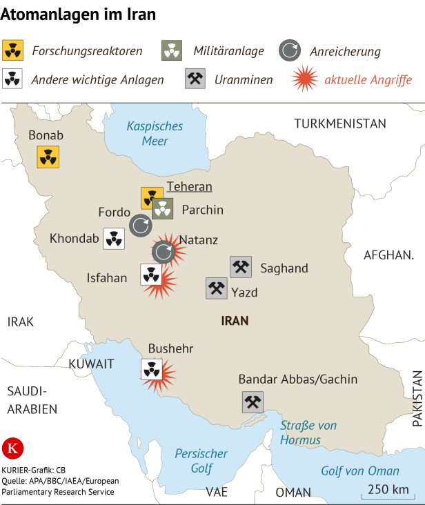 Karte der iranischen Atomanlagen mit Markierungen für Angriffe, Uranminen und Reaktoren.