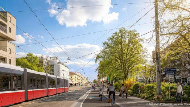 Rendering: Eine rote Straßenbahn fährt auf der 21. Weiselgasse in Wien, während Radfahrer auf dem Radweg unterwegs sind.