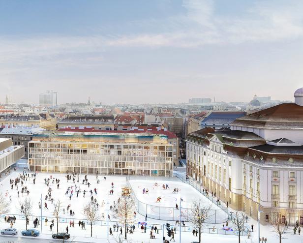 Eine große Eisfläche mit Schlittschuhläufern und Eishockeyspielern füllt einen Platz in Wien vor Gebäuden.
