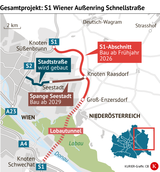 Grafik der verschiedenen Abschnitte der S1 Wiener Außenring Schnellstraße