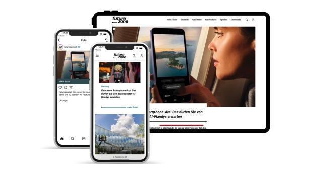 Drei digitale Geräte zeigen die Webseite futurezone mit Artikeln und einem Foto einer Person, die ein Smartphone mit einer Landschaft auf dem Bildschirm hält