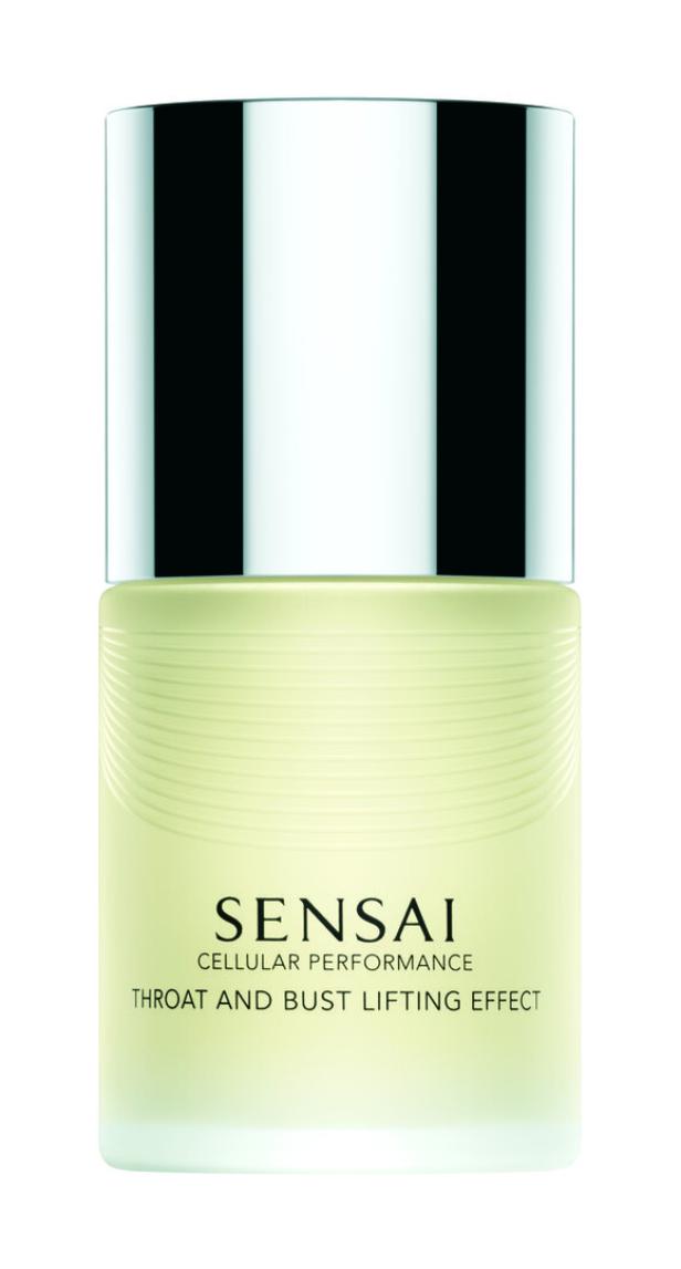 Ein cremefarbenes Kosmetikfläschchen mit silbernem Deckel und der Aufschrift „Sensai Throat and Bust Lifting Effect“.