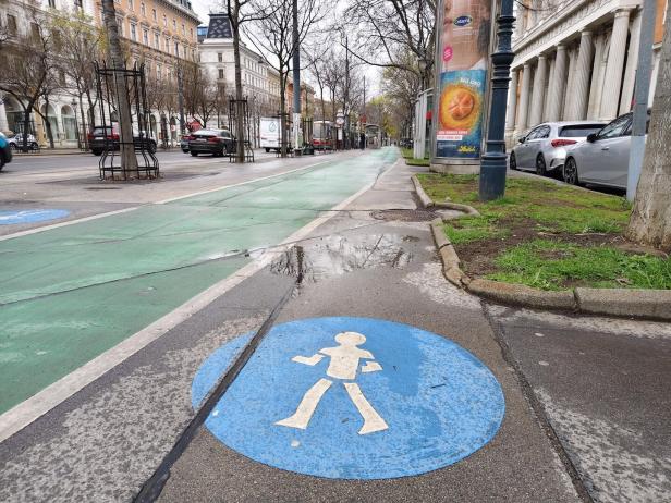 Radweg und Fußgänger-Piktogramm.