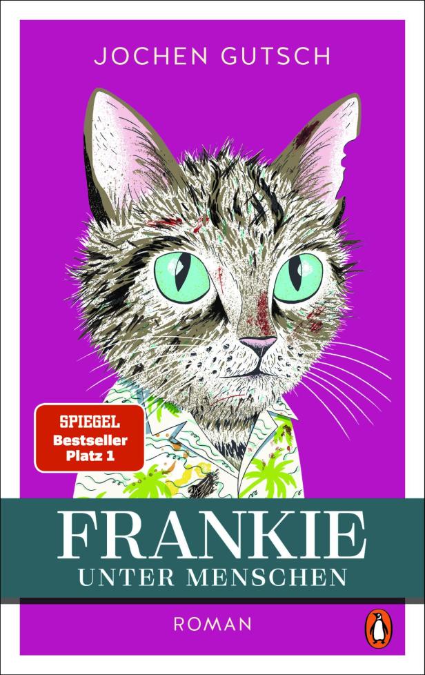 Das Buchcover von Jochen Gutsch zeigt eine Katze mit grünem Blick und Hawaiihemd vor lila Hintergrund.