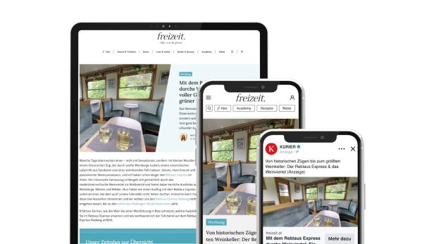 Drei nebeneinander stehende digitale Geräte mit der Website "freizeit." auf dem Bildschirm, die jeweils einen Artikel mit einem Bild von einem Tisch mit zwei Gläsern und einem Fenster im Hintergrund zeigen