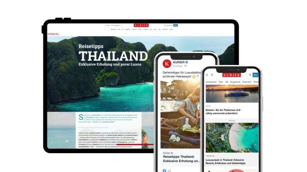 Tablet und Smartphones zeigen verschiedene digitale Advertorials und Reiseartikel von Kurier.at.