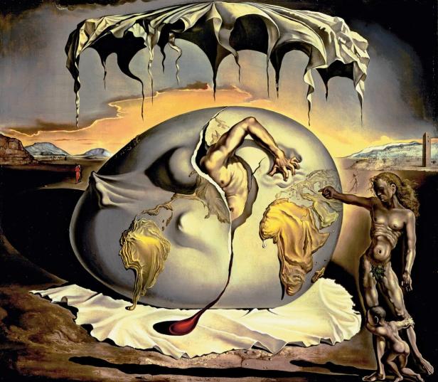 Ein riesiges, aufgebrochenes Ei mit einer menschlichen Figur darin, daneben eine nackte Frau mit Kind und surrealer Landschaft.