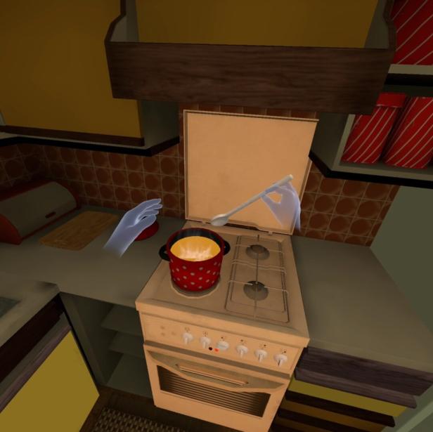 Eine virtuelle Hand rührt mit einem Löffel in einem roten Topf auf einem Herd in einer Retro-Küche.