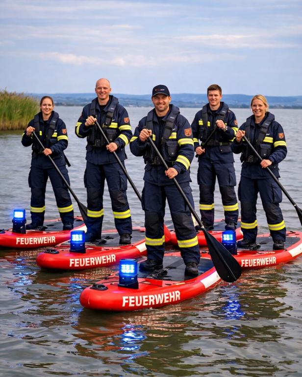 Fünf Feuerwehrleute stehen in Uniform auf roten SUP-Boards mit Blaulicht auf einem See.