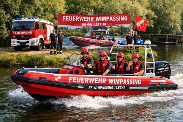 Mehrere Feuerwehrleute mit Helmen fahren in einem roten Rettungsboot auf einem Fluss, im Hintergrund ein Feuerwehrauto und ein Banner.