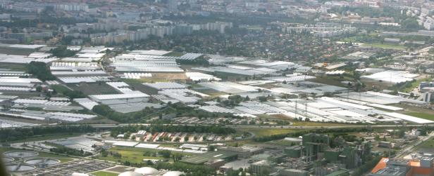 Luftaufnahme von Kaiserebersdorf in Wien mit zahlreichen Gewächshäusern im Vordergrund.