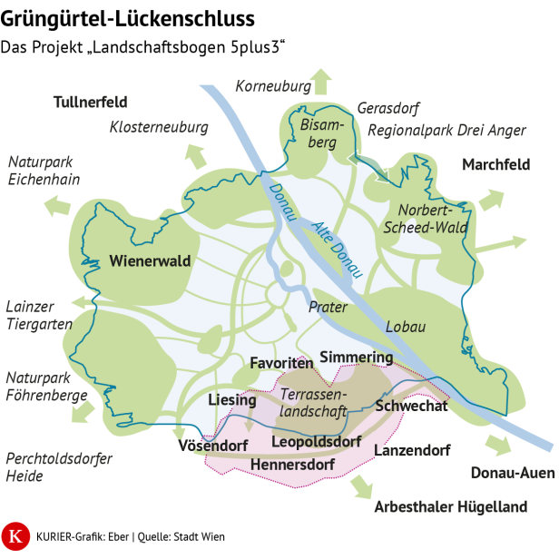 Grafik von Wien, auf der Grüngürtelbereiche der Stadt eingezeichnet sind.