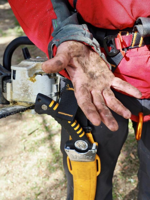 Eine Person mit schmutziger Hand trägt eine rote Jacke, eine Motorsäge und ein Messer im gelben Holster am Gürtel.