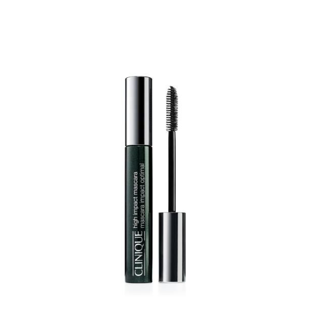 Eine Clinique High Impact Mascara mit Bürste steht vor einem weißen Hintergrund.