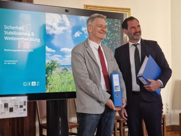 Zwei Männer stehen vor einem TV-Bildschirm mit Zahlen