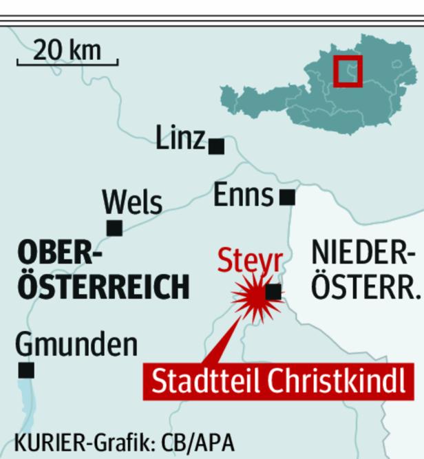 Karte von Oberösterreich mit markiertem Stadtteil Christkindl in Steyr und umliegenden Städten wie Linz, Wels und Enns.