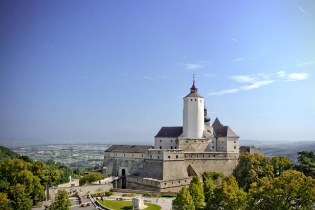 Eine große Burg mit weißem Turm steht auf einem Hügel, umgeben von Bäumen und weitem Ausblick auf das Umland.