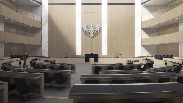 Innenansicht des österreichischen Parlaments mit dem Bundesadler an der Wand.