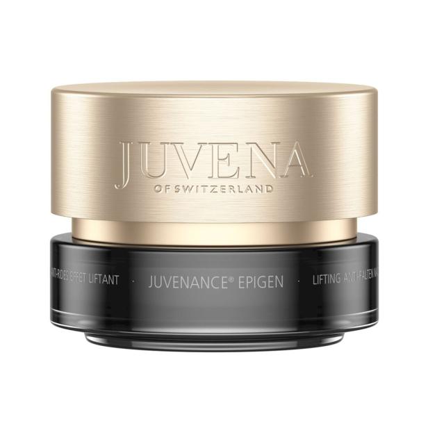 Runder Cremetiegel mit goldenem Deckel und schwarzem Unterteil, darauf steht „Juvena of Switzerland“.
