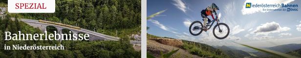 Ein Zug fährt über eine Brücke und ein Biker springt mit einem Mountainbike über einen Hügel.