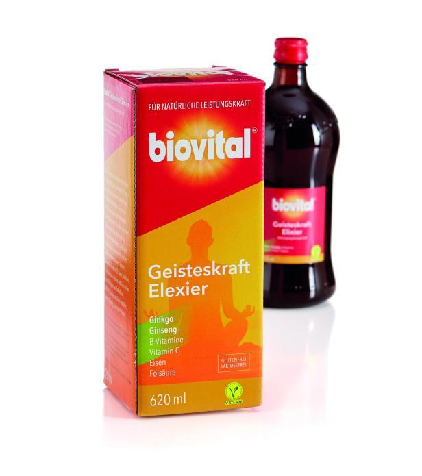 Packung und Flasche des Nahrungsergänzungsmittels biovital Geisteskraft Elexier auf weißem Hintergrund.