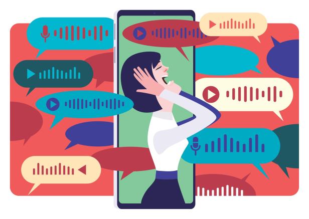 Illustration einer gestressten Frau umgeben von vielen Sprechblasen mit Audiosymbolen.