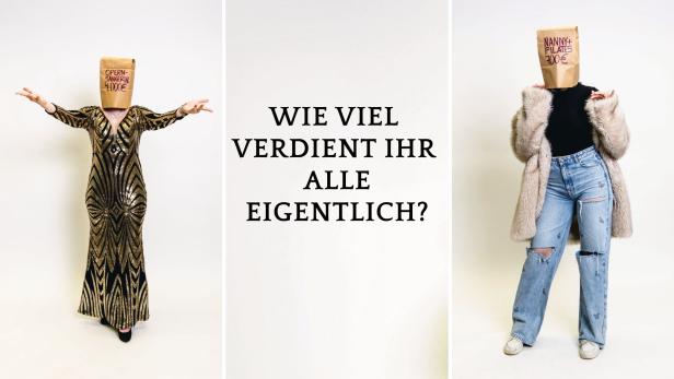 Zwei Personen – eine in einem bodenlangen Glitzerkleid, die andere in zerrissenen Jeans und einem Pelzmantel – tragen Papiersackerl über dem Kopf, auf denen ihr Monatsgehalt steht.