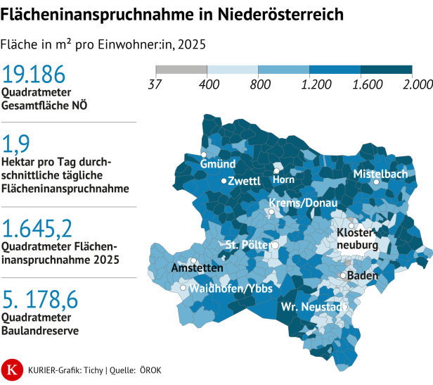 Karte von Niederösterreich mit farblicher Darstellung der Flächeninanspruchnahme nach Gemeinden.