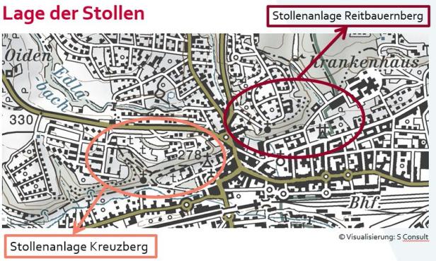 Karte der Stollenanlagen in Amstetten.