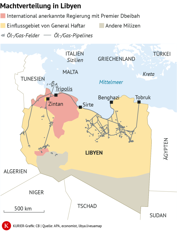 Karte zeigt Machtverteilung, Ölfelder und Pipelines in Libyen sowie Einflussgebiete der Akteure.