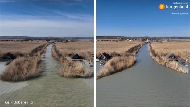 Zwei Ansichten eines Kanals mit Schilf und Bootshäusern unter blauem Himmel, aufgenommen aus der Vogelperspektive.