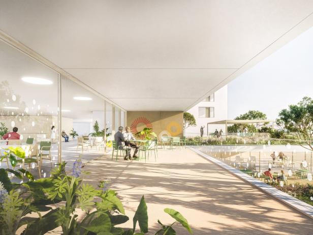 Rendering: Menschen sitzen und unterhalten sich auf einer sonnigen Terrasse mit Pflanzen und modernen Sitzgelegenheiten, umgeben von viel Grün.