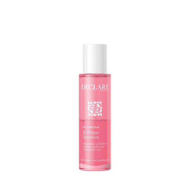 Rosa Flasche mit weißem Deckel und weißer Aufschrift, enthält einen Augen-Make-up-Entferner für empfindliche Haut.