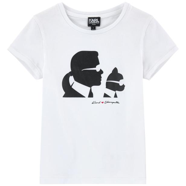 Ein weißes T-Shirt mit einer Silhouette von Karl Lagerfeld und seiner Katze Choupette.