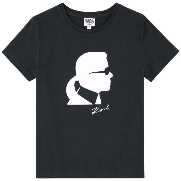 Ein schwarzes T-Shirt mit dem weißen Profil von Karl Lagerfeld.