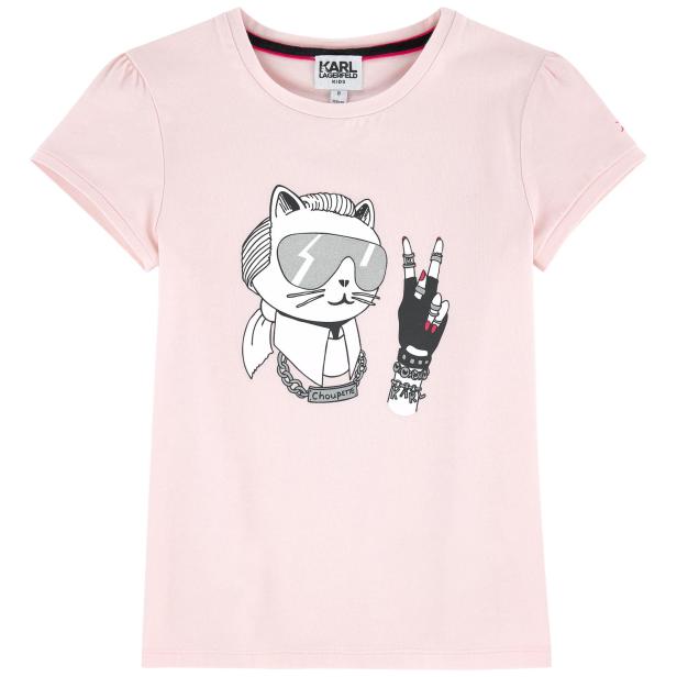 Ein hellrosa T-Shirt mit einer coolen Katze „Choupette“ mit Sonnenbrille und Peace-Zeichen.