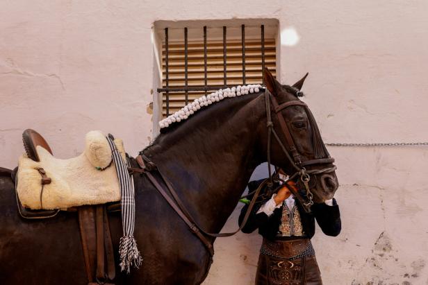 French mounted bullfighter Lea Vicens performs at the Maestranza bullring in Seville