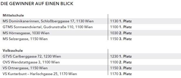 Tabelle mit den Gewinnerklassen und Platzierungen des Miniziegel-Wettbewerbs 2024.