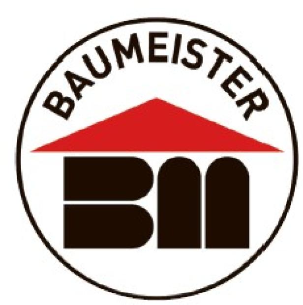 Logo mit rotem Dach und schwarzem „BM“ sowie dem Schriftzug „Baumeister“.