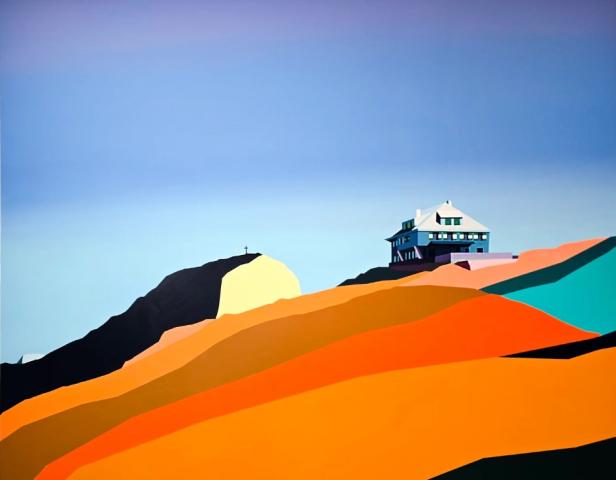 Buntes, abstraktes Gemälde einer Hügellandschaft mit Haus und Kreuz auf einem Gipfel.