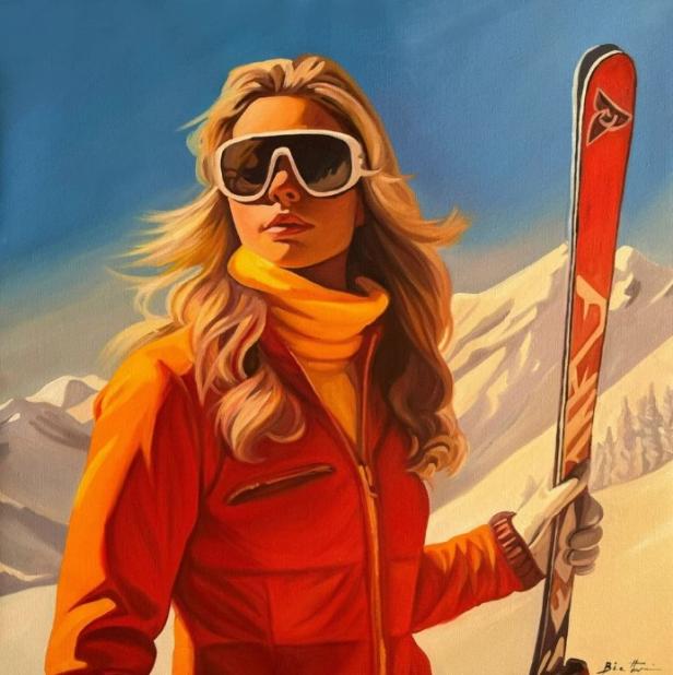 Frau mit langen blonden Haaren in Skikleidung und Skibrille hält einen Ski vor verschneiten Bergen.