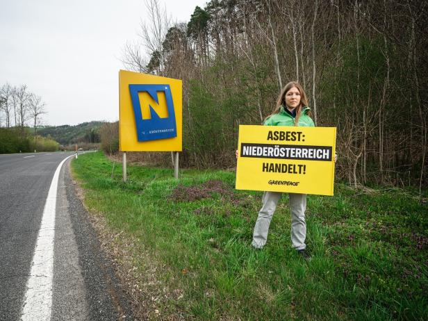 Eine Frau hält ein Greenpeace-Schild "Asbest: Niederösterreich handelt!" neben einem Niederösterreich-Ortsschild.