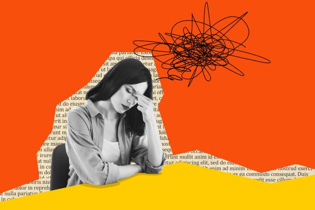 Composite trend artwork sketch image photo collage of monochrome young lady silhouette text fragment sit sad bad mood mess stress headache